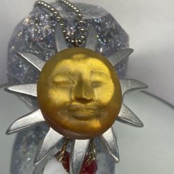 Vintage Amber Sun Face Silver Tone Necklace 
