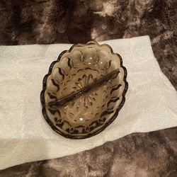  Anchor Hocking Fairfield Scalloped Pattern Smoked Glass Devided Relish Dish