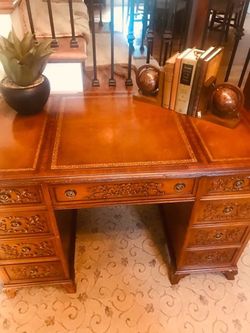Mahogany Twin Pedestal English Desk W/ Inlaid Tooled leather top