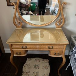 Antique Birdseye Maple Vanity, Stool and Table