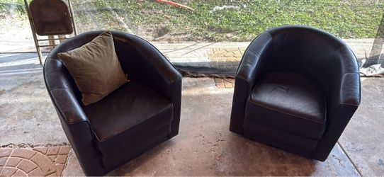Pair of Dark Brown Leather Barrel Chairs