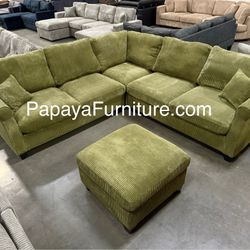 Green Sectional Sofa And Ottoman, Sage Sectional, Sectionals, Sofa, Couch, Living Room Sofa, Corduroy Sectional, Plush Sectional,Soft Plush Couch