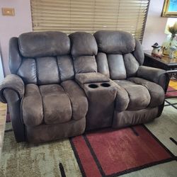 Brown Two Seat Sofa + Recliner Seat