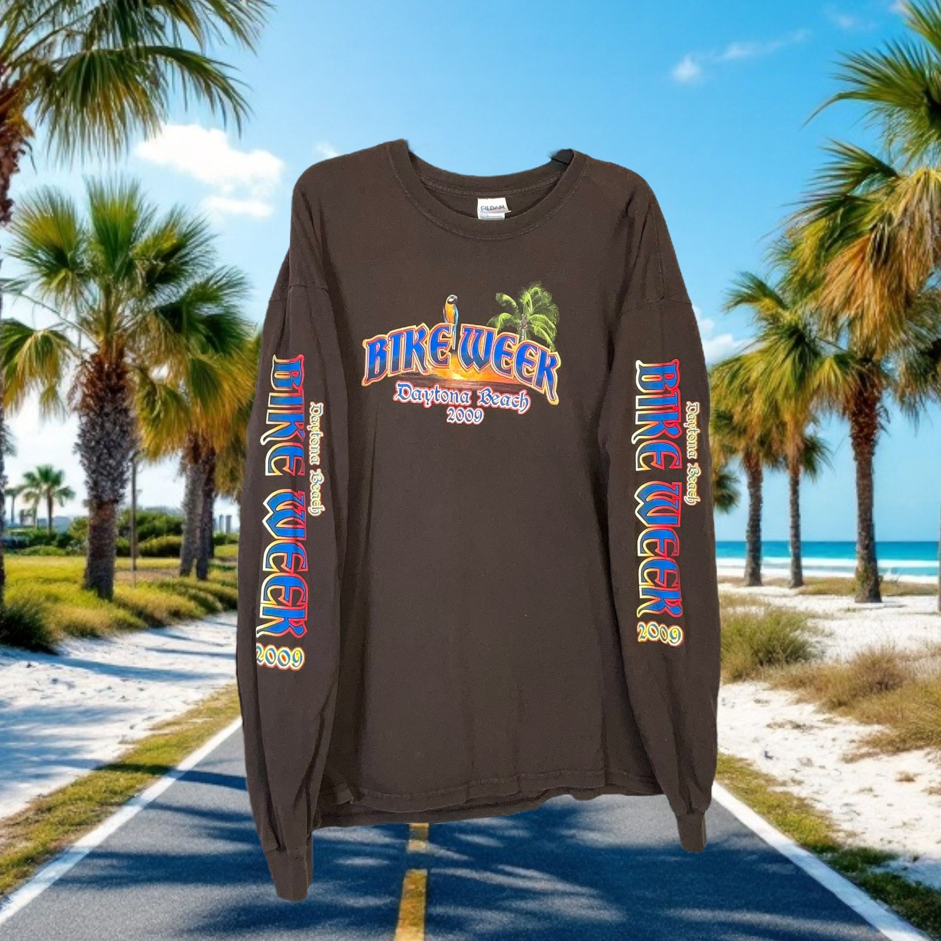 Gildan Vintage Brown Bike Week Daytona Beach 2009 Long-Sleeve Tshirt Men Size XL