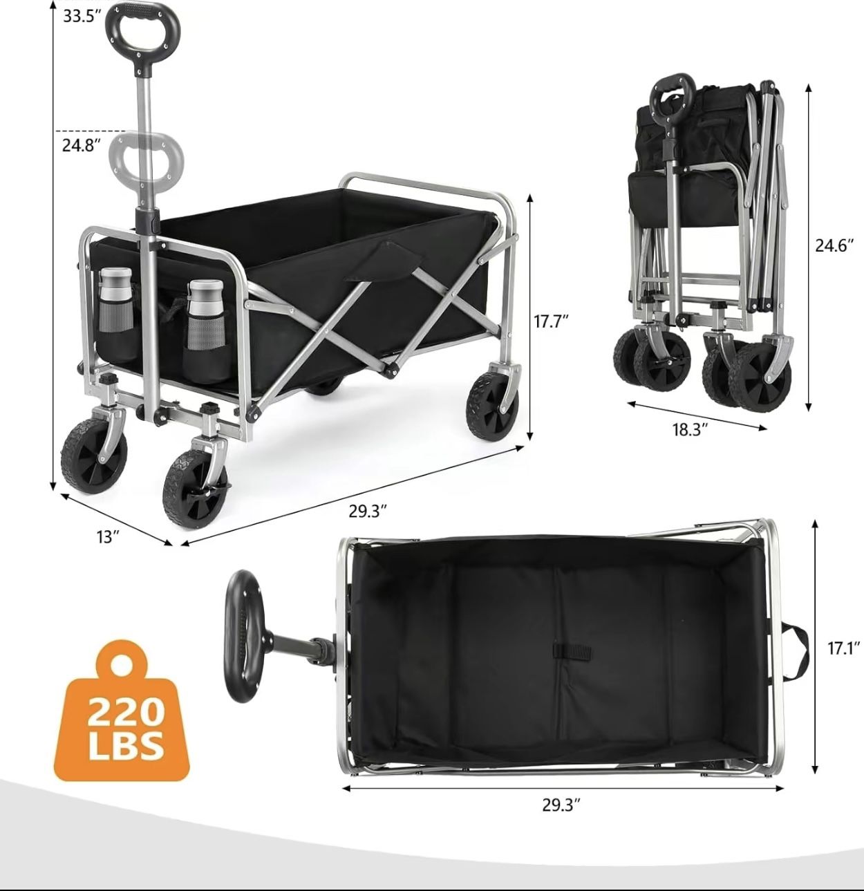 Collapsible Wagon, Beach Wagon with Big Wheels for Sand, Grocery Wagon All-Terrain Wheels Garden Grocery Wagon for Shopping Park Picnic, Camping, Beac