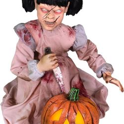 Haunted Hill Farm Lunging Pumpkin Carver Zombie Girl by Tekky, Motion-Activated Talking Halloween Animatronic for Indoor or Covered Outdoor Creepy Hal