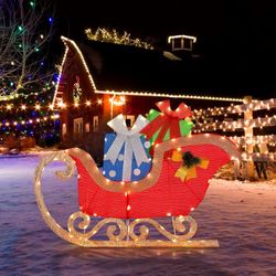 4 FT Lighted Christmas Sleigh Decoration, Lighted Santa’s Sleigh with 94 Pre-lit Warm Bright LED Lights, Indoor Outdoor Holiday Decoration with Ground