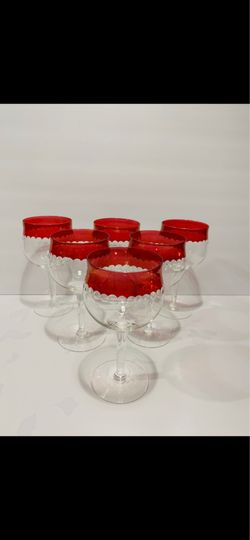 Vintage 1950’s Czech Crystal Cranberry Cut Dots Wine Glasses Set of 6. Very rare Czech thin crystal glasses and cut crystal dots  are in excellent con