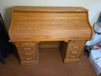 Vintage wood desk roll top with wheels 2 piecee