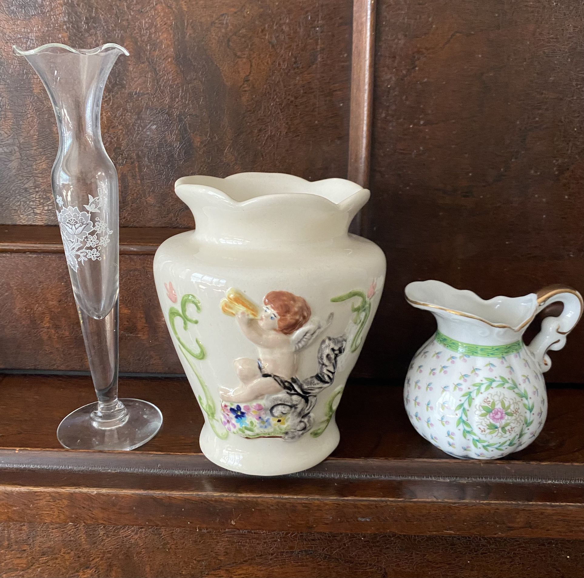 Three Beautiful Vintage Items—Bud Vase—Cherub Vase—China Creamer/Pitcher —$10 Each