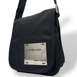 FENDI Logo Shoulder Bag Nylon Crossbody Black Silver 