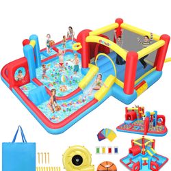 AKEYDIY Inflatable Bounce House Water Slide, Adventure A-Maze Waterslide,Obstacle Bounce House w/Slide for Racing Fun, Climbing, Jumping Castle House,