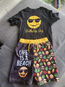 Boys Emoji Swim Trunks With Birthday Boy Shirt