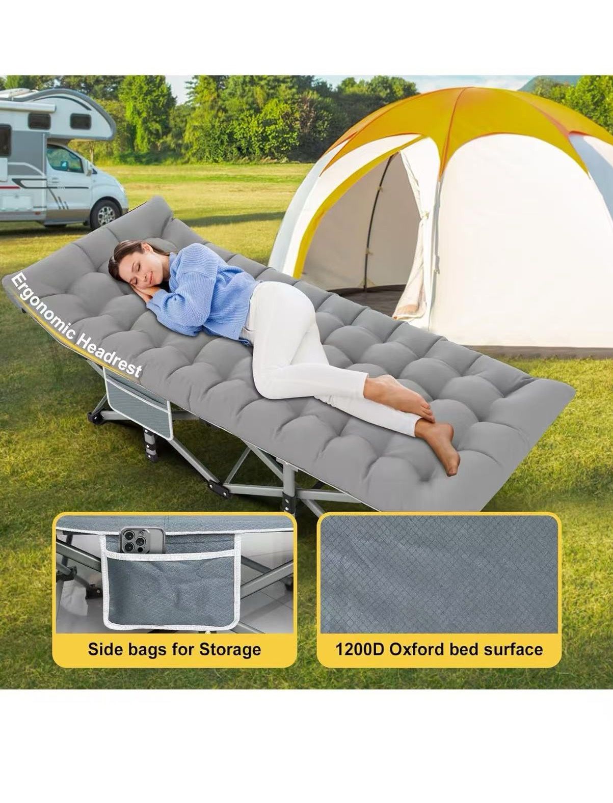 Camping Cot, Folding Camping Cots for Adults, Portable Sleeping Cot with Carry Bag, 1200D Double Layer Oxford, Camp Cot Bed for Guest Travel, Hiking, 