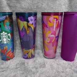 4 Starbucks Tumblers 24 Oz Plastic Various Color And Print No Straws Must Pick Up