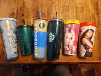 Starbucks cups and vintage Selena cups.