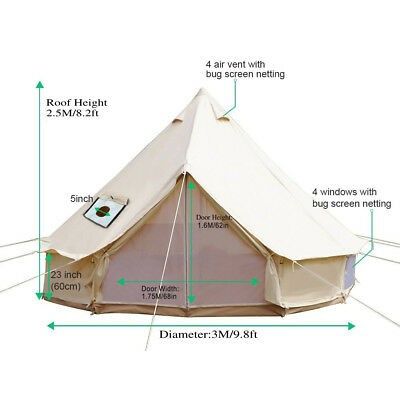 3m 4-Season Bell Tent Waterproof Cotton Canvas Glamping Camping Outdoor Use