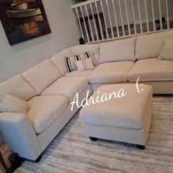 Ivory Corduroy Sectional Sofa With Ottoman New