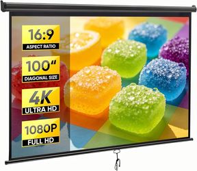 New Black Projector Screen Pull Down 100”, Manual Projection Screen Home Theater, 100'' Movie Screen