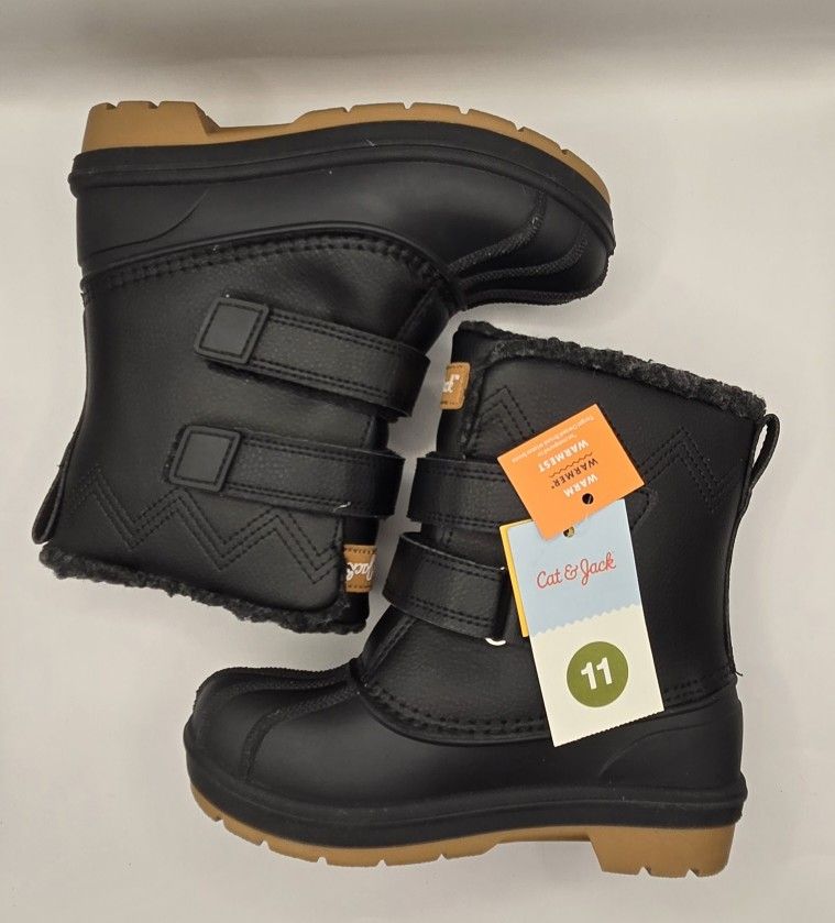 Cat & Jack Denver Winter Boots Kids 11 Black Faux Leather Snow Boots School Ski