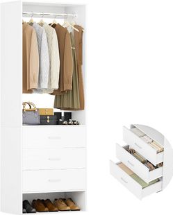 1.8FT Closet System with Drawers, 21.5’’ Closet Organizer, White Walk-in Closet or Small Closets Wardrobe, Clothes Rack with Hanging Rods