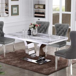 Marble Table With 4 Grey Chairs - Glam Style Dining Table Set 