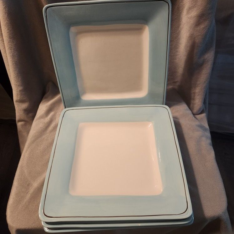 set of four Laurie Gates MADISON square teal dinner Plates
 Hard to find. Pretty color teal blue! 
