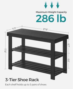 SONGMICS 27.6" Shoe Rack 3-Tier Bamboo Entryway Bench - Black