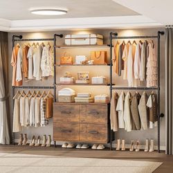 T3 Closet System with Stepless Dimmable LED Light & 4 Large Drawers Adjustable from 6'6'' to 8'11'', Heavy Duty Industrial Pipe Clothes Rack with 6 Wo