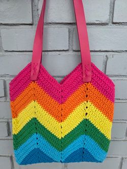 Rainbow Crochet Tote Bag Handmade Colorful Boho Beach Shoulder Bag