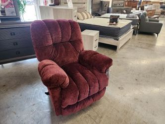 McGinnis Recliner.  RED velvety fabric!  Cushy COMFY