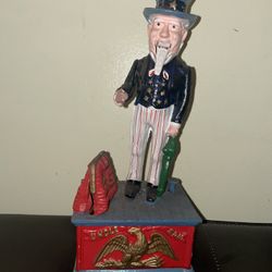 Vintage Cast Iron Uncle Sam Mechanical Coin Bank 