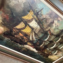 Signed A. Vasselli, Vintage, Antique. Stormy Battleship Painting