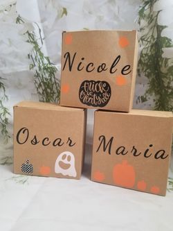 Halloween treat boxes comes with a small bag of chips and a variety of candy. Personalized to make extra special $8
