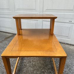 Late 1960s mid-century blonde two-tier table. 