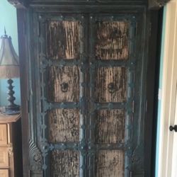 Antique Indonesian Hand Carved Rustic Distressed Patina Wood Armoire Bali Style