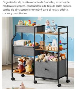 Organizador de carrito rodante de 3 niveles, estantes de madera resistentes, contenedores de tela de lados suaves, carrito de almacenamiento móvil par