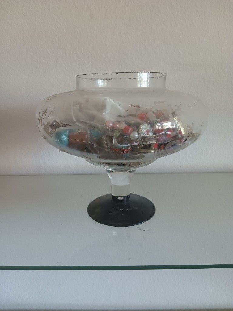 Glass Vase Full Of Broken Mismatched Jewelry For Craft Projects