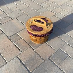 Vintage Wooden Heart Lidded Lined Sewing Picnic Yarn Half Bushel Basket