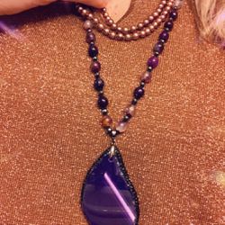New Park Lane TWYLA Necklace. Purple Agate Black CZ Removable Pendant and Long Glass Beaded Necklace