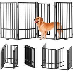 Full Metal Freestanding Dog Gate with Door, 32''Height Foldable Pet Dog Fence for Indoor & Outdoor, 4 Panels Extra Wide Free Standing TallDog Gates fo