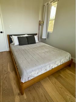 CB2 Solid Oak Platform Queen Bed w/ Upholstered Headboard – Mid-Century Modern