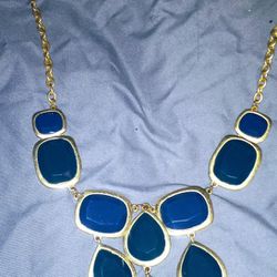 Gold-Tone Statement Necklace with Blue Geometric Accents