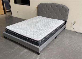 Brand New Queen Size Grey Linen Platform Bed Frame +Mattress