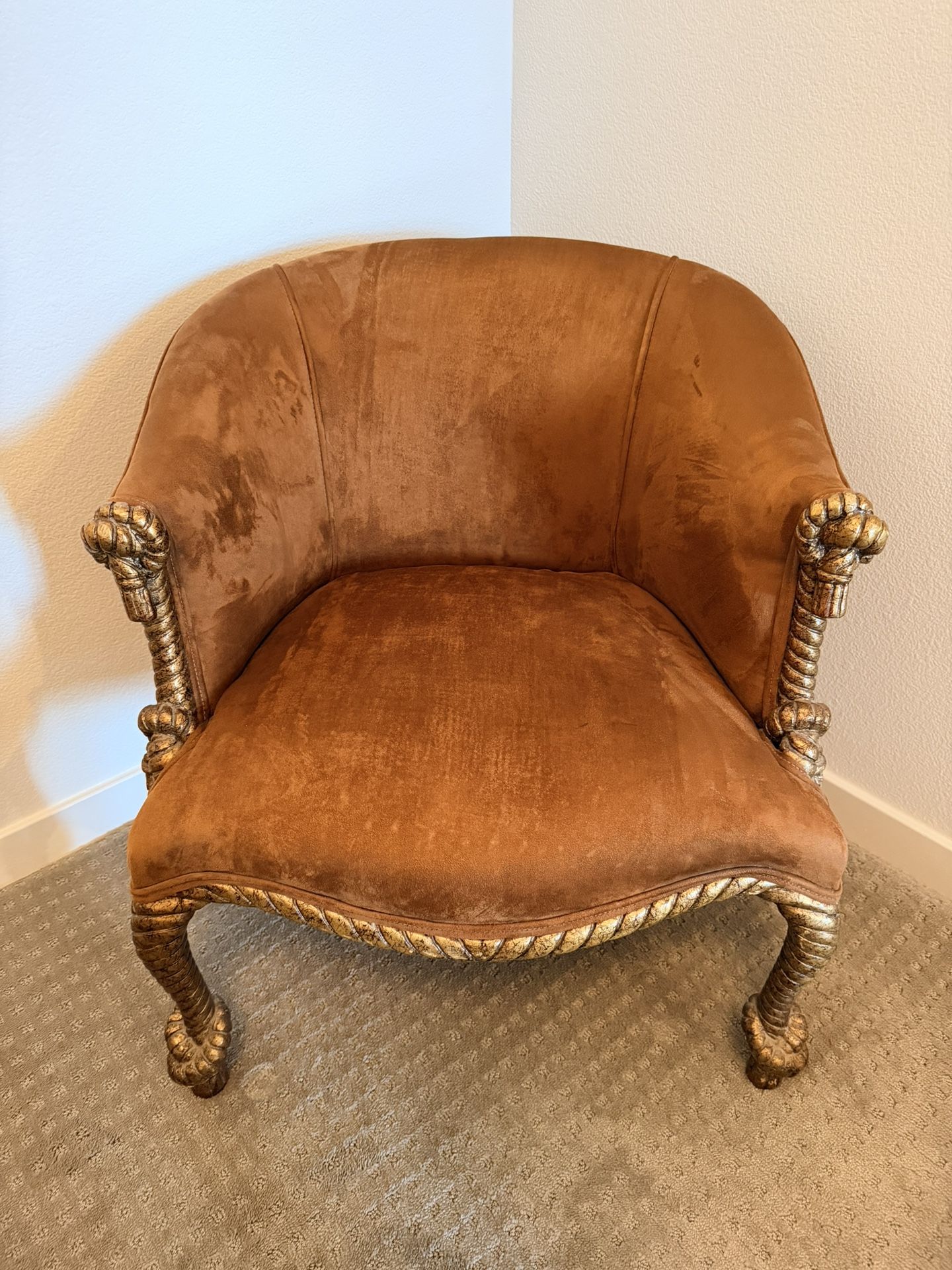 Designer Vintage Gilded Clawfoot Accent Chair in Brown Velvet