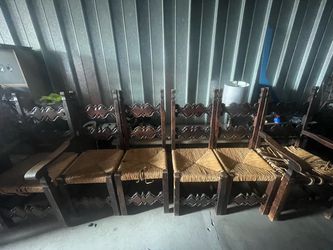 Set of 6 Carved Wood Rush Seat Dining Chairs