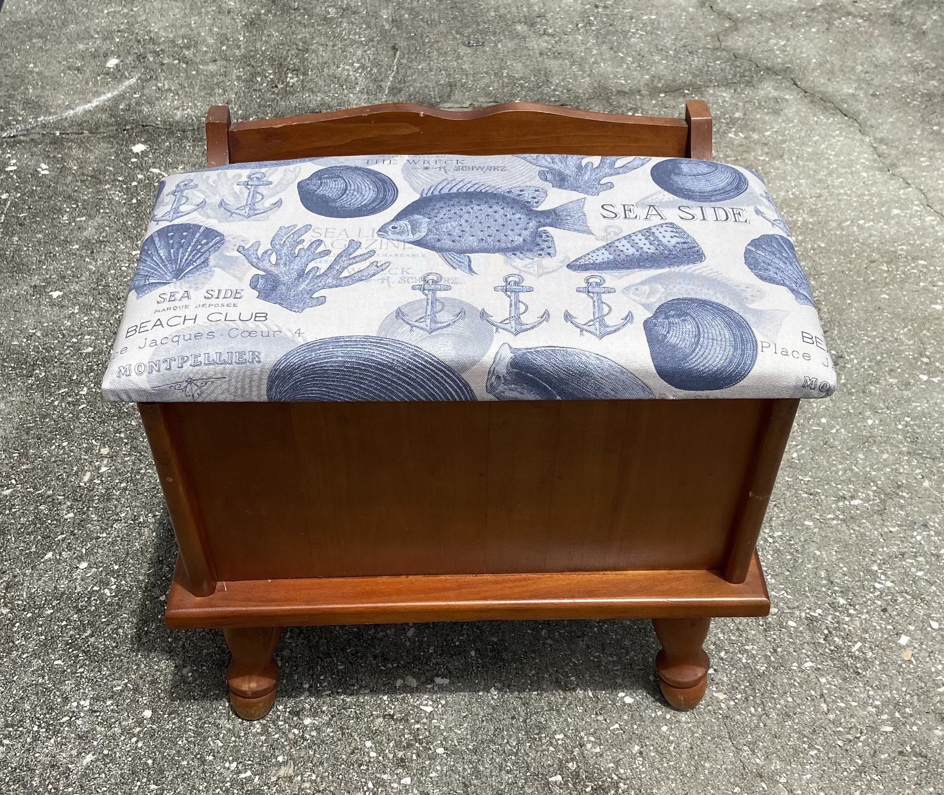 Nautical Stool With Storage And Magazine Rack, New Upholstery Fabric 