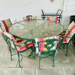 Green Wrought Iron Outdoor Table, Bar Cart & Custom Cushions 