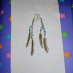 Stainless Steel Feather Earrings With Real Turquoise Stones Handmade