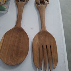 vintage wooden spoon and fork 12"inch tall 